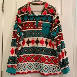 Western Aztec Print Fuzzy Pullover Sweatshirt Red, Teal Brown and White Size XXL